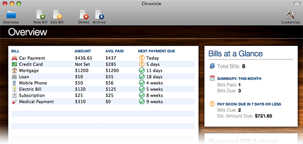 The Chronicle bill management overview screen.